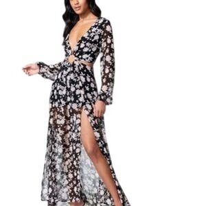 bebe Women's Black White Floral Cutout Long Sleeve Plunge Maxi Dress Size Medium